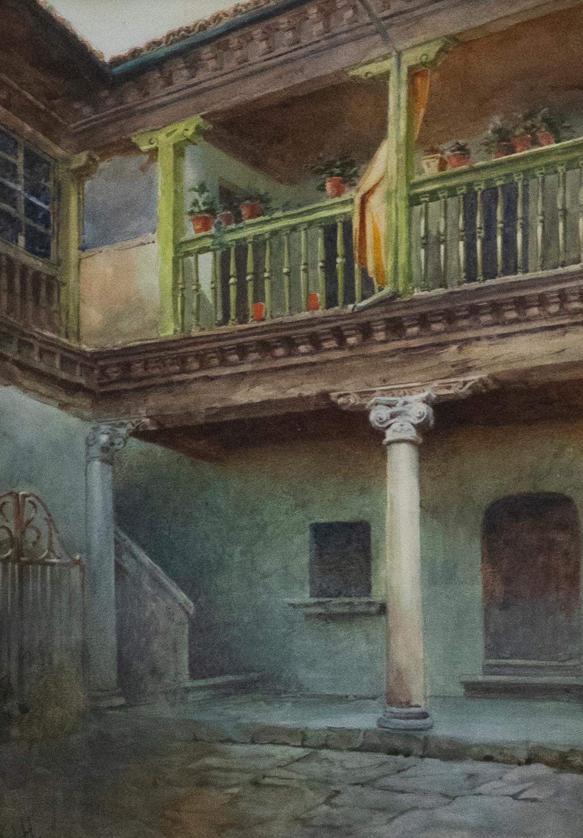 R. J. H - Framed Early 20th Century Watercolour, Spanish Courtyard - Art by Unknown