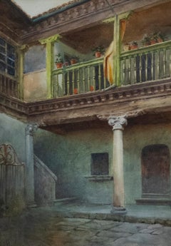 R. J. H - Encadrée aquarelle du début du 20e siècle, cour d'Espagne