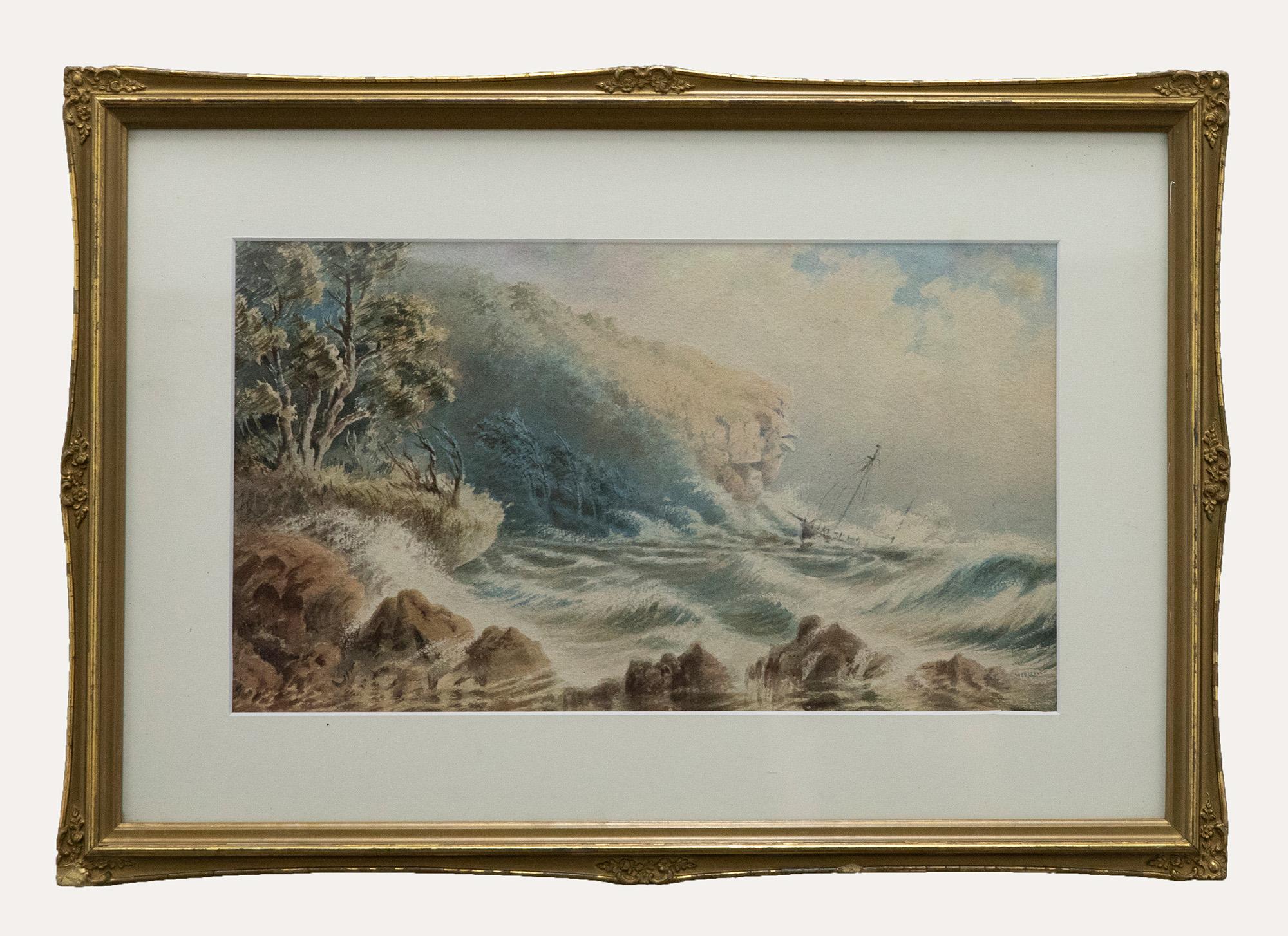 Unknown Figurative Art - William H Raworth (1820-1905) - Framed Watercolour, Ship in Stormy Seas