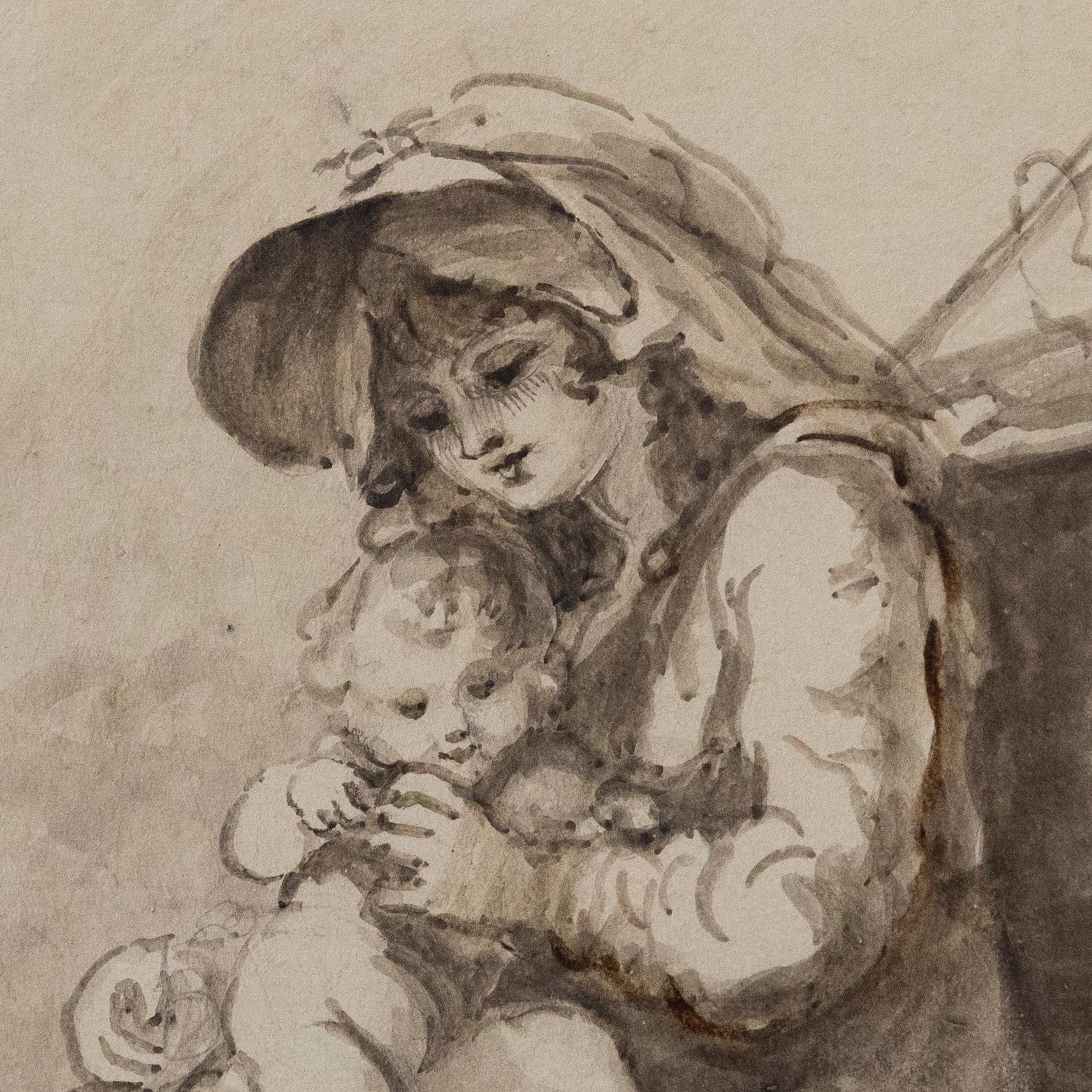 A heartwarming sepia study of a shepherdess comforting her young baby. Well-presented in a contemporary gilt-effect frame. Unsigned. On paper.
