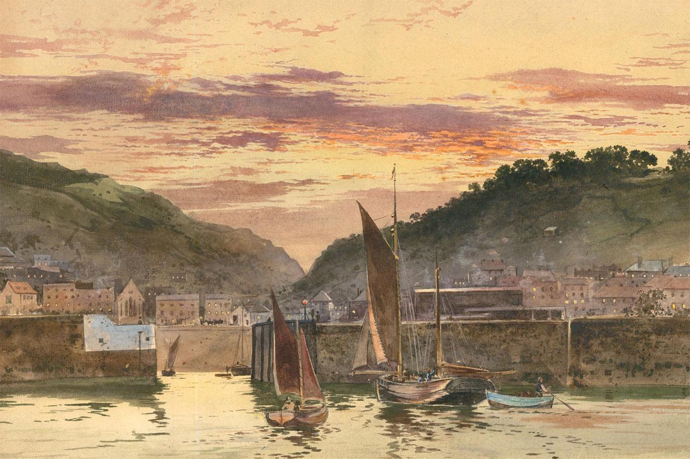 A very fine watercolour study of St Aubin's harbour in Jersey. Attributed to the artist Richard Henry Fuller due to the similar subject matter and handling of the medium. Unsigned. On watercolour paper laid to card.
