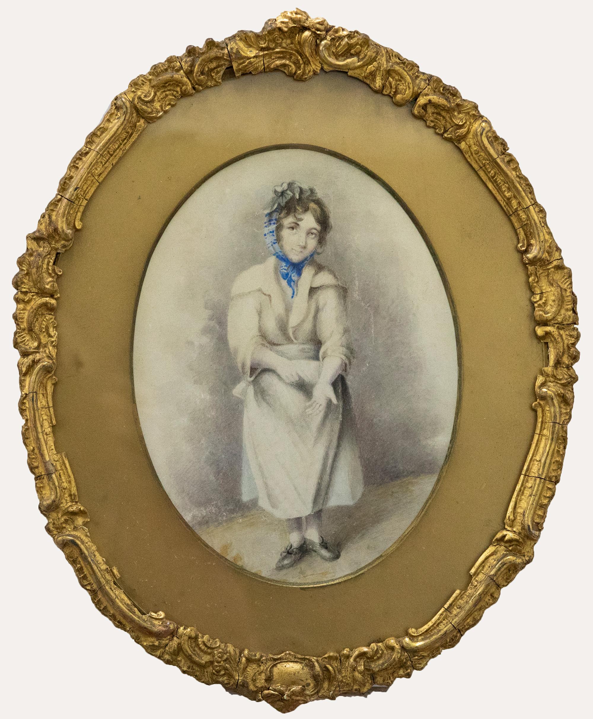 Une charmante aquarelle représentant une jeune femme portant une robe et une blouse. Elle montre la paume de sa main gauche à l'observateur. L'artiste la capture d'une main délicate en montrant de fins détails sur son visage et sa robe. Non signée.