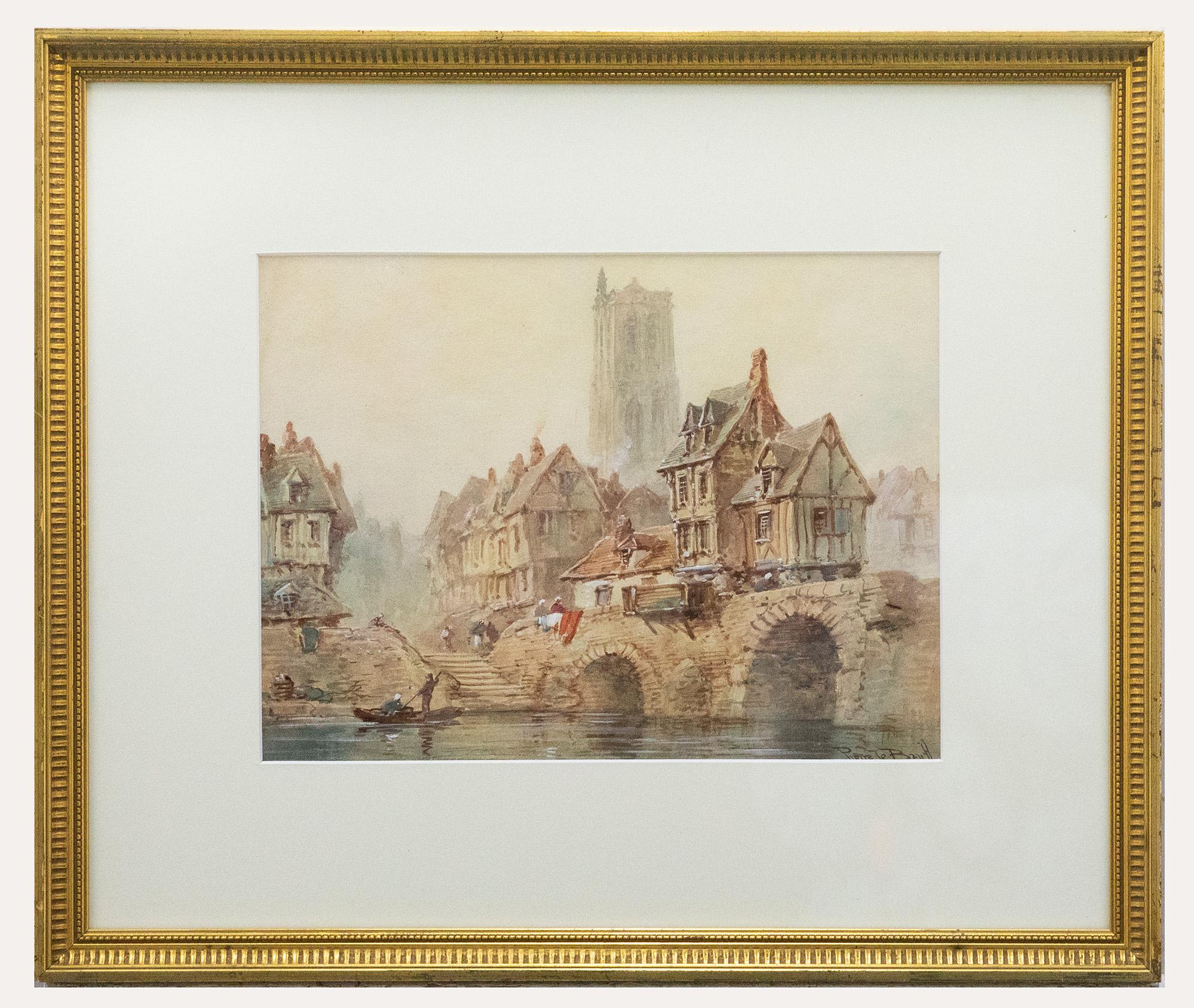 Unknown Landscape Art – Pierre Le Boeuff (fl.1899-1920) - Gerahmtes Aquarell, Die Stadt Angers
