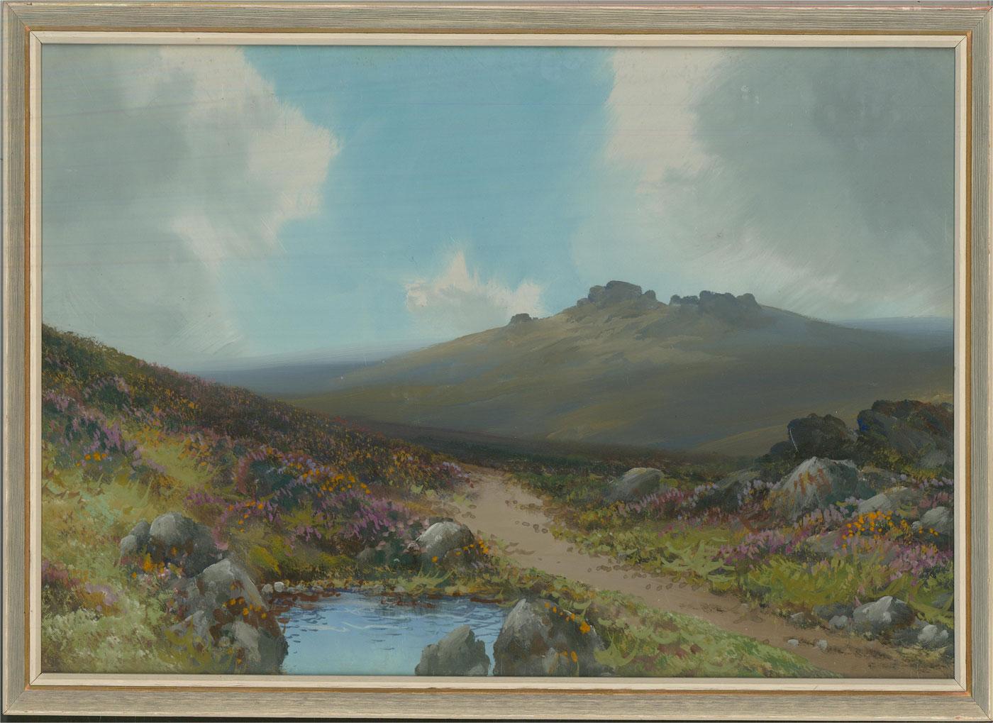 A charming gouache painting by Reginald Sherrin, depicting a view of Dartmoor in the artist's typical style. Signed faintly to the lower left-hand corner. Presented in an off-white frame, as shown. On board. 
