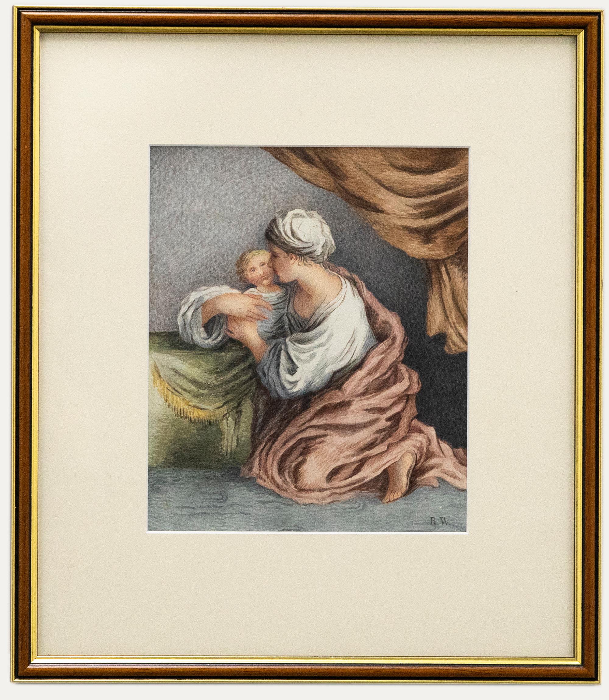 A fine watercolour study depicting a mother embracing her infant child. The artist's accomplished hand captures the fine drapery covery the woman, showing the folds of the material in great detail. Signed with Westall's monogram to the lower right.