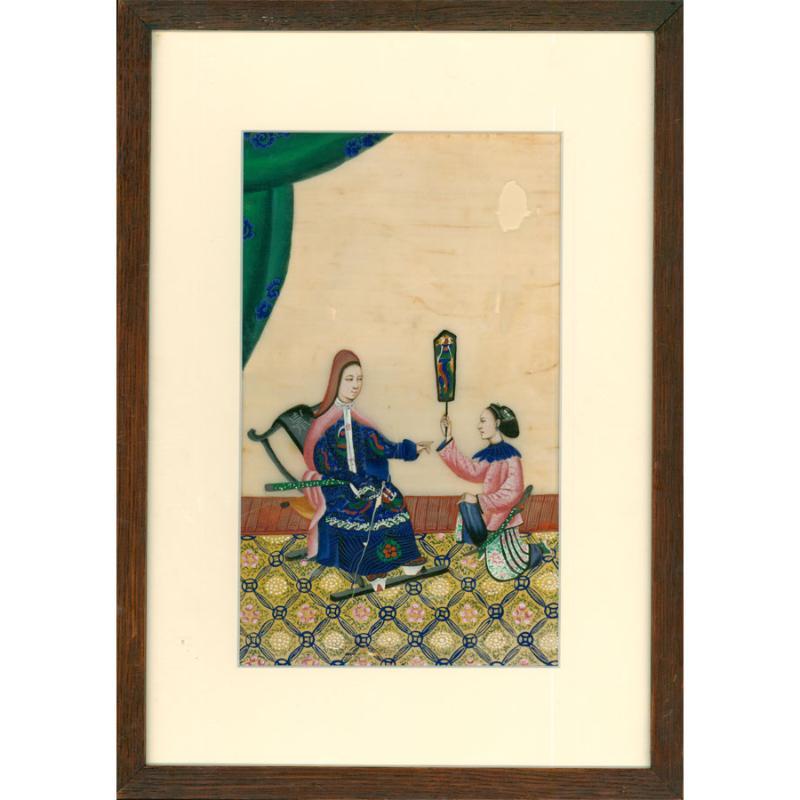 Unknown Figurative Art - Framed Chinese Late 19th Century Watercolour - Empress with Attendant