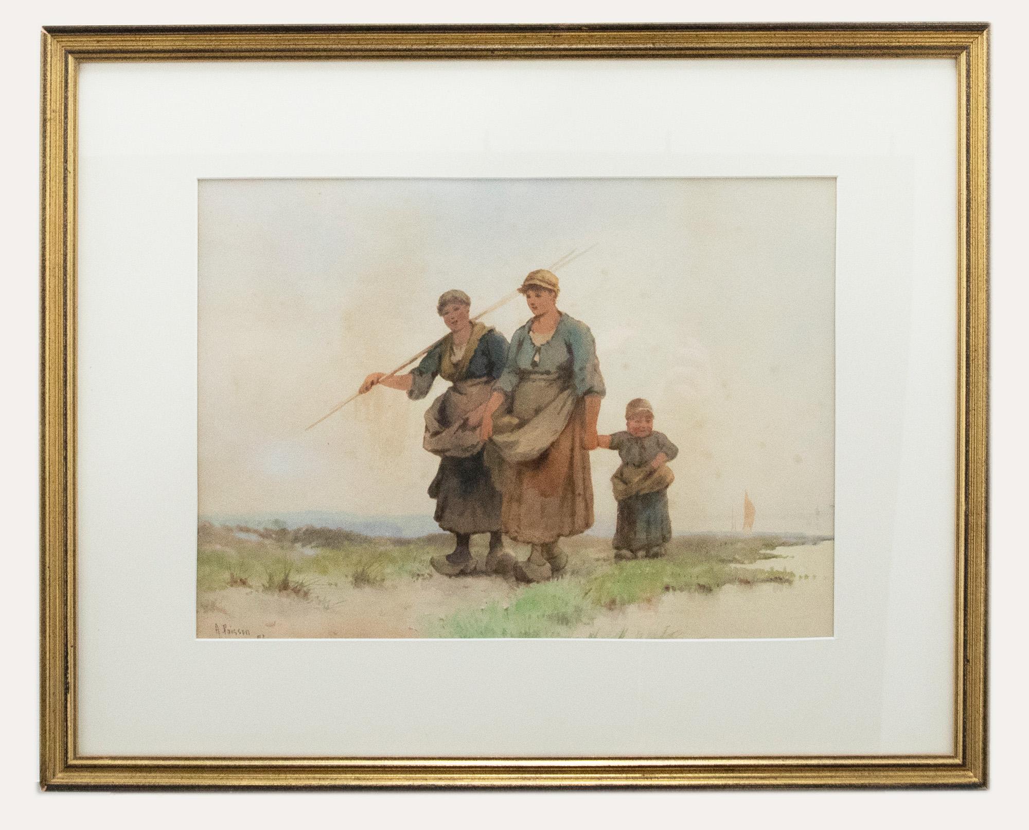 A. Poisson - Acuarela enmarcada de finales del siglo XIX, Figuras holandesas junto al mar