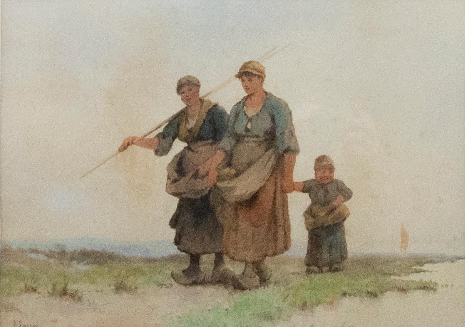 A. Poisson - Framed Late 19th Century Watercolour, Dutch Figures by the Sea - Art by Unknown