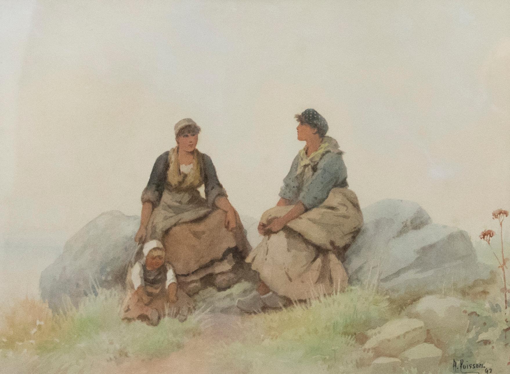 A. Poisson - Framed Late 19th Century Watercolour, Dutch Women with Child - Art by Unknown