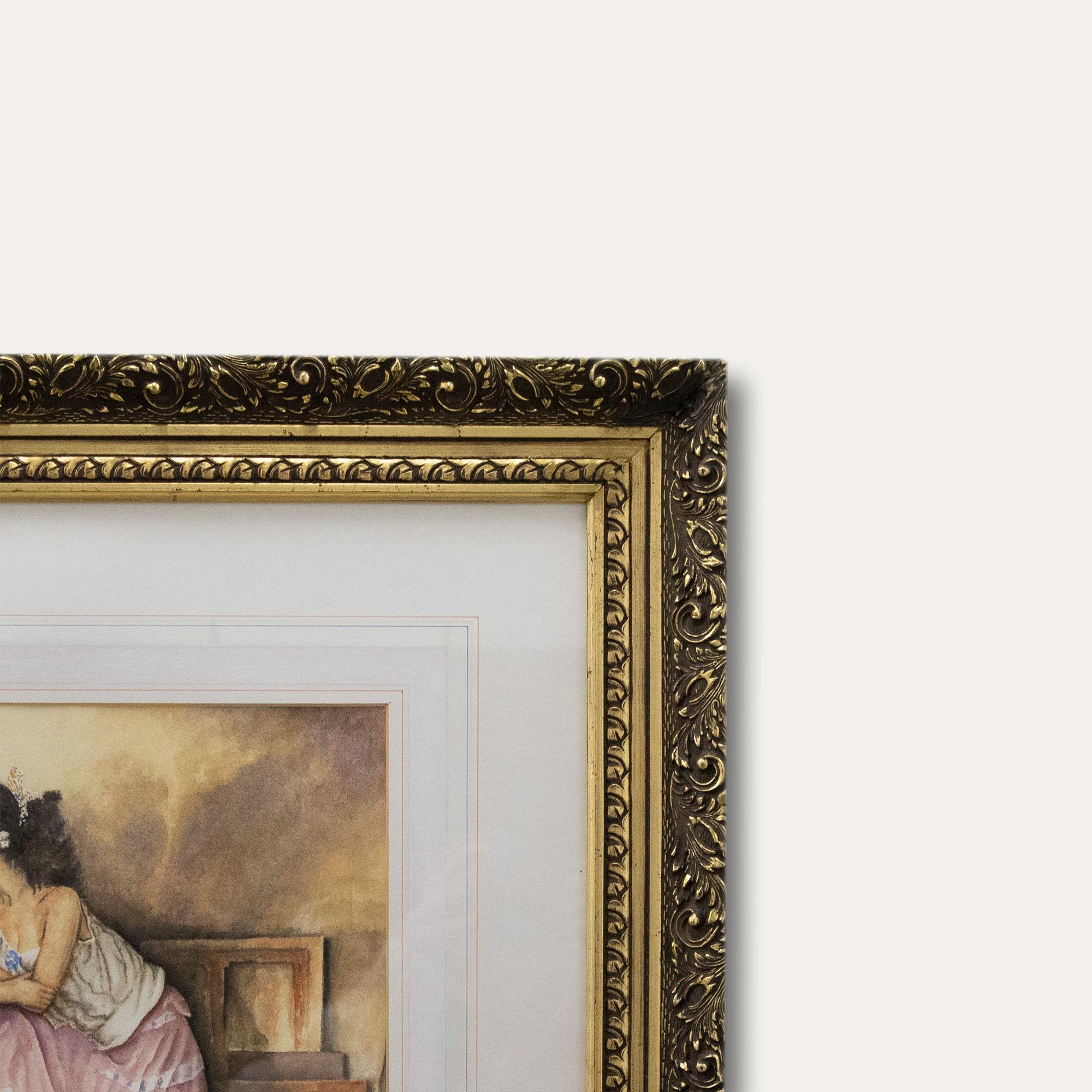 An accomplished watercolour study after Scottish artist Sir William Russell Flint. The scene depicts a life model posing for picture whilst studying some of the artist's other work. Signed with a monogram and dated to the lower right. Presented in