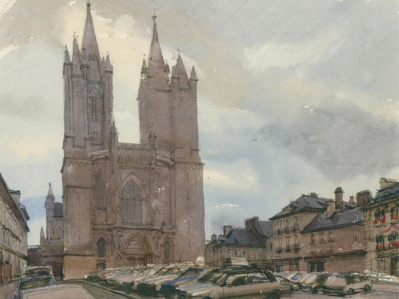 John Newberry (geb. 1934) - Gerahmtes Aquarell des 20. Jahrhunderts, Kathedrale von Coutances im Angebot 1
