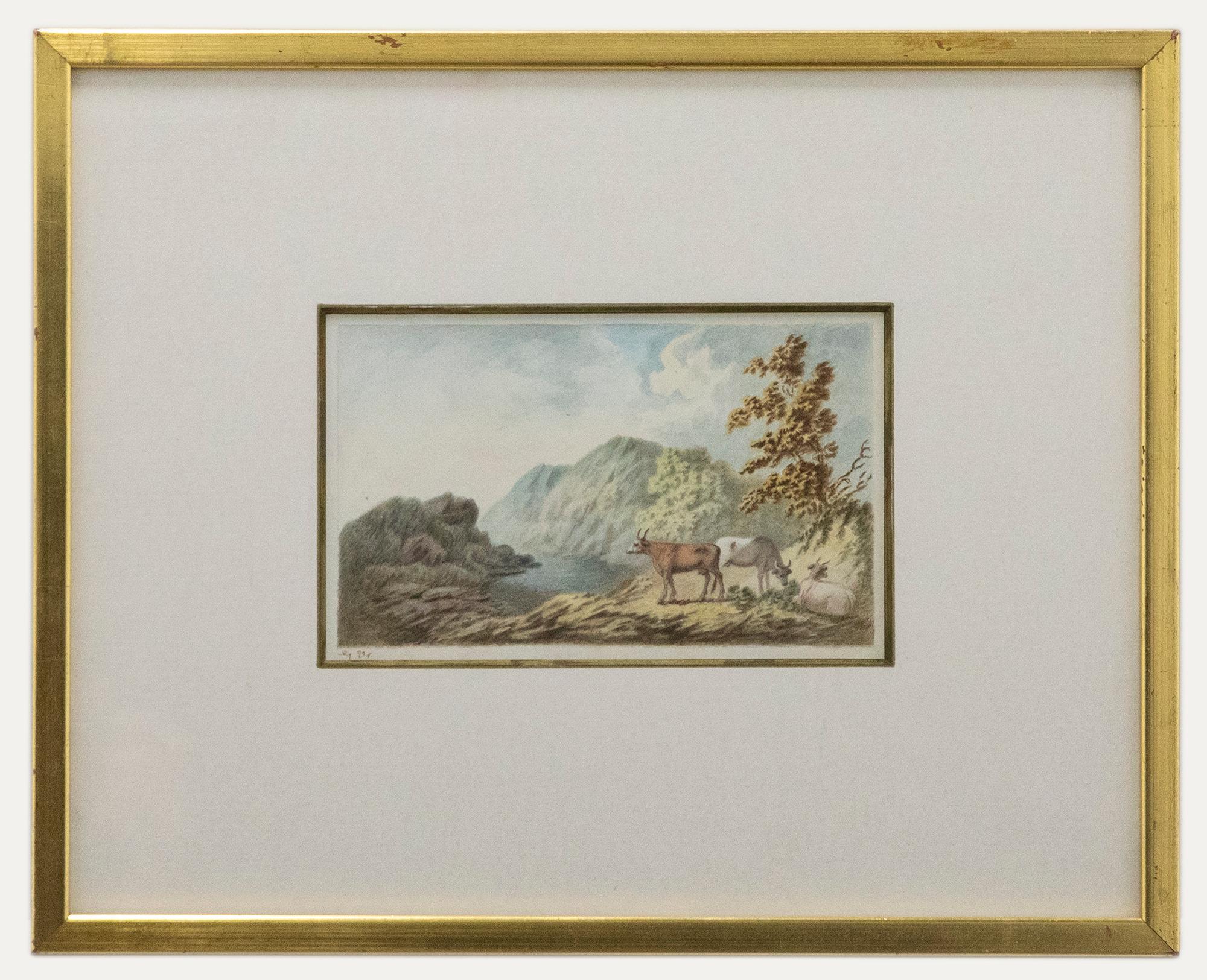 Unknown Landscape Art - George Ely  - Early 19th Century Watercolour, Cattle in the Mountains