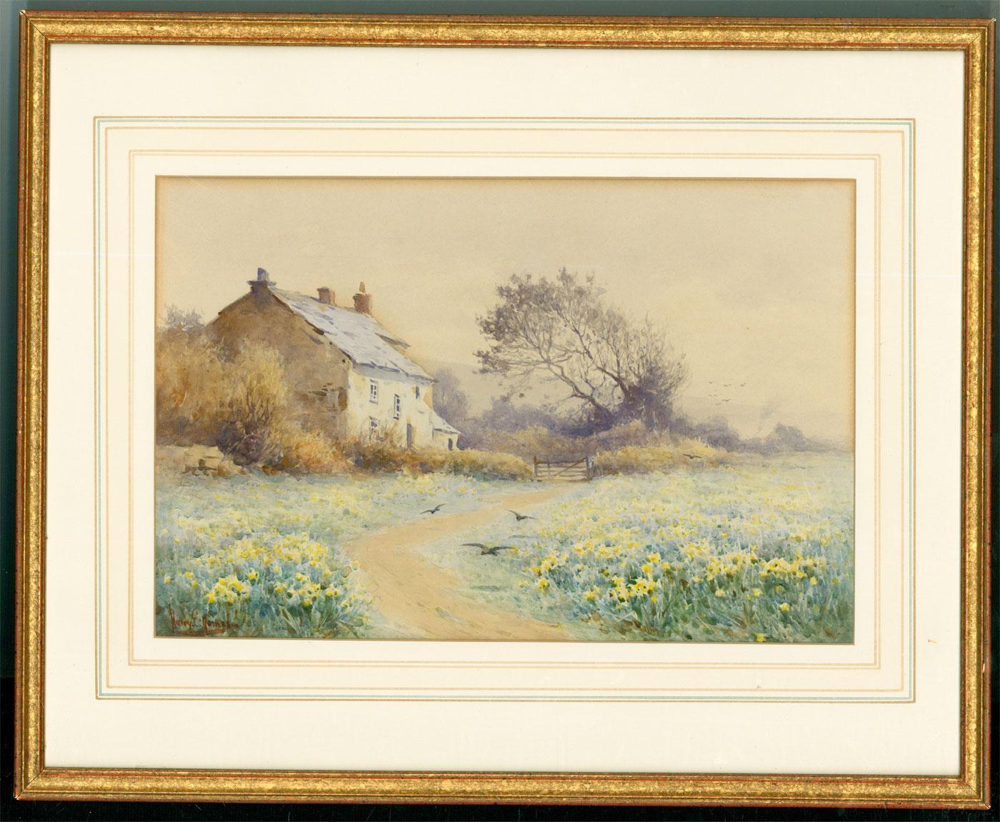 A very fine watercolour by the British artist Harry E. James (c.1870-c.1920). The scene depict a beautiful Cornish farm house set back from a field of spring daffodil. Well-presented in an elegant gilt-effect frame with a wash-line mount. Signed to