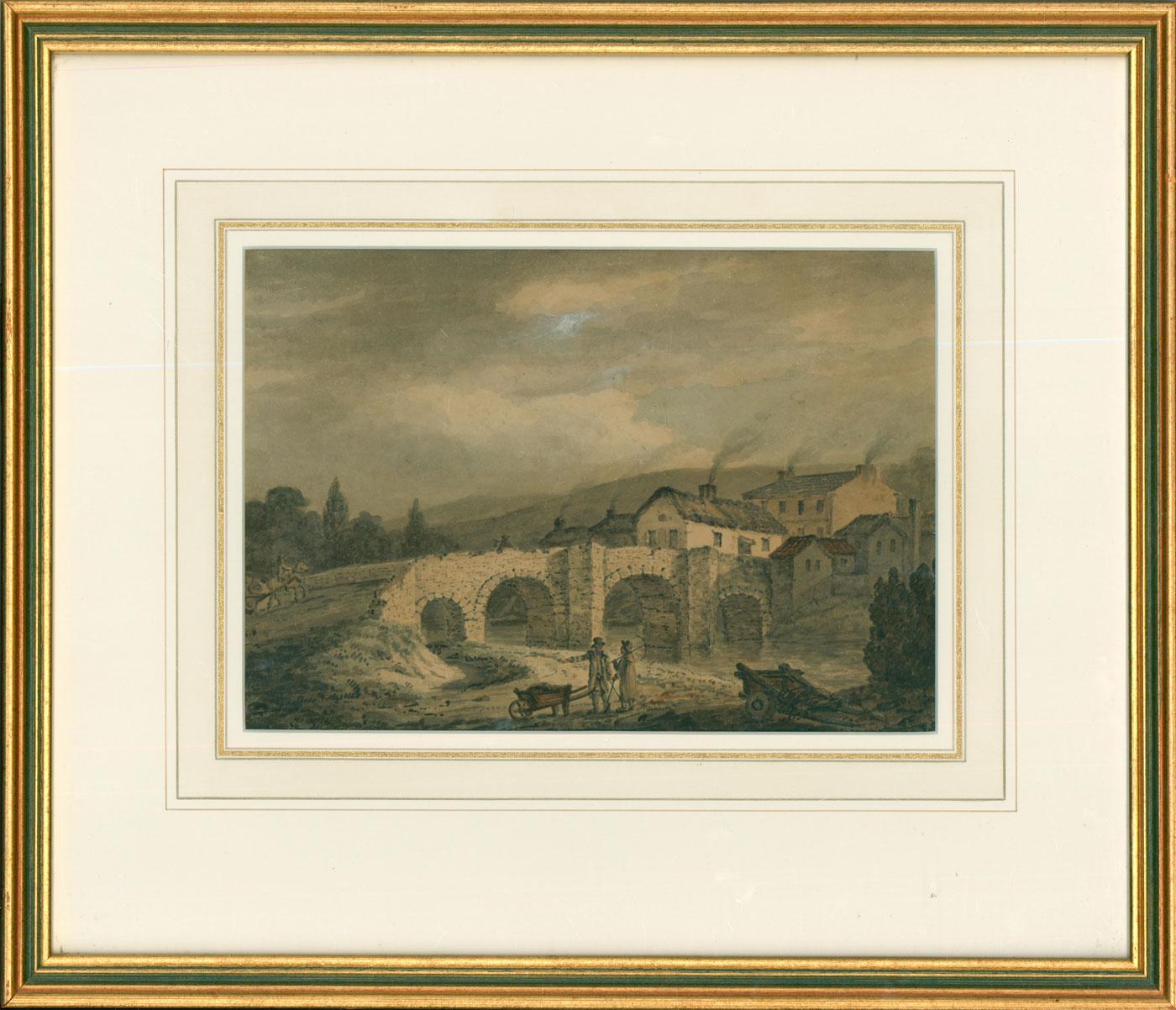 Unknown Landscape Art - Framed Early 19th Century Watercolour - Roadmen by the Bridge