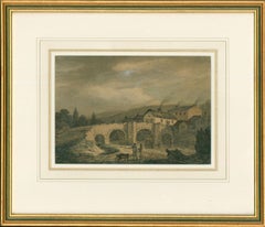 Antique Framed Early 19th Century Watercolour - Roadmen by the Bridge