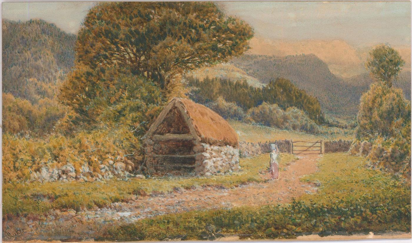A charming watercolour study of a pastoral landscape near Betws-y-Coed. Signed by the artist to the lower left. Labelled to the reverse with information on the location and artist. On paper laid to card.
