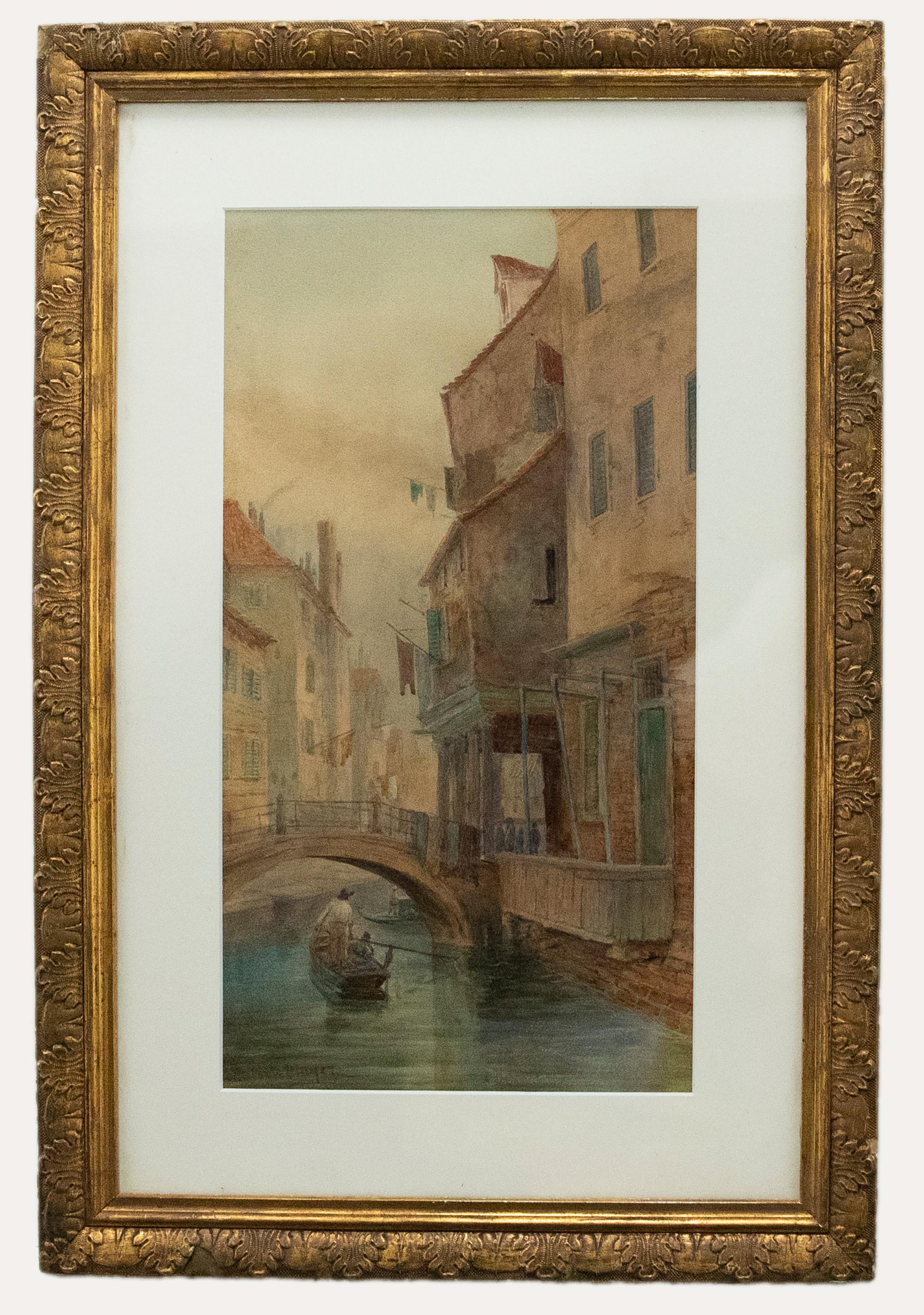 Unknown Landscape Art – F. Da Ponte-Spieler – gerahmtes Aquarell des 19. Jahrhunderts, Boots um Venedig
