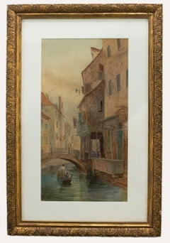 F. Da Ponte-Spieler – gerahmtes Aquarell des 19. Jahrhunderts, Boots um Venedig