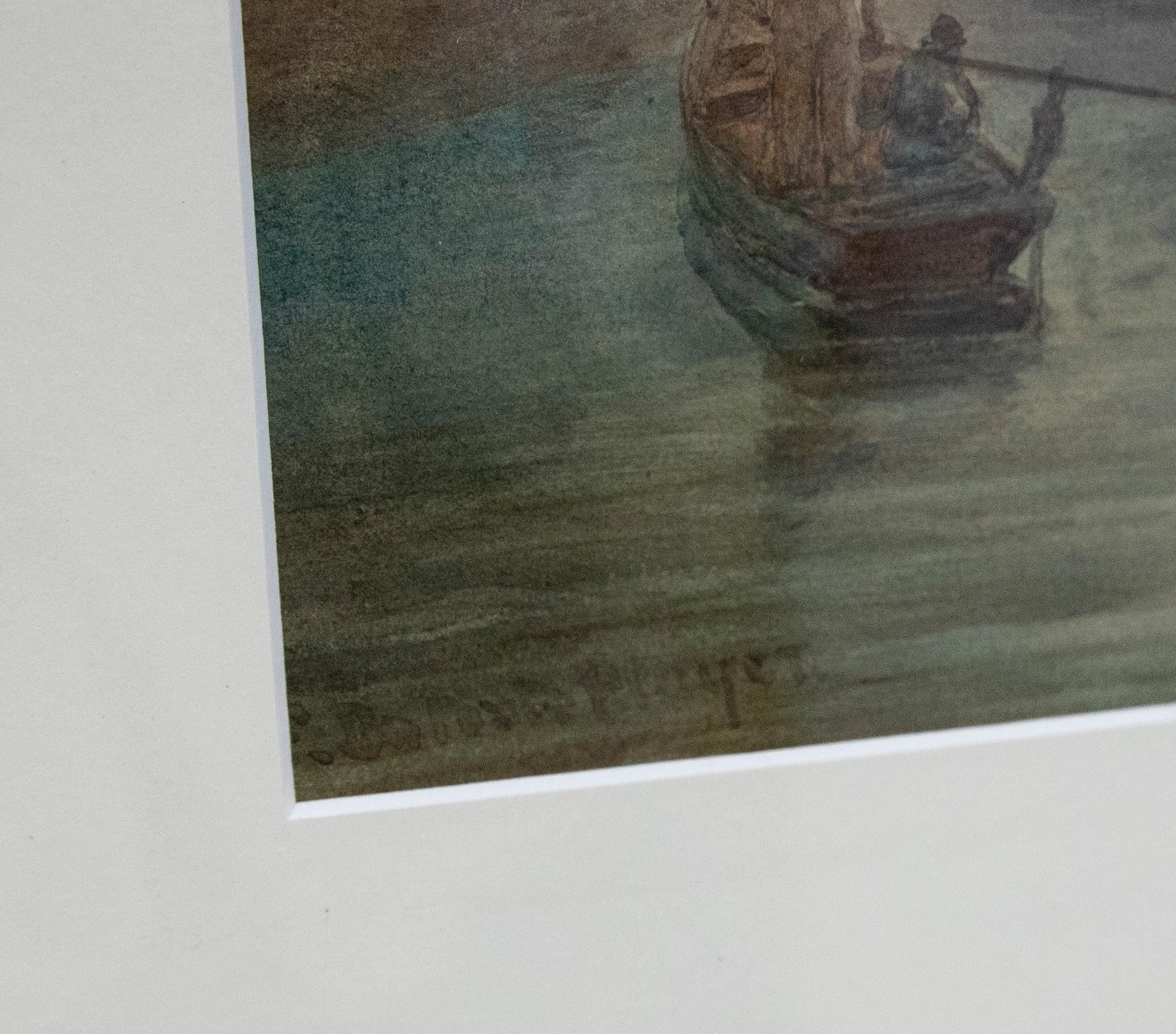 F. Da Ponte-Spieler – gerahmtes Aquarell des 19. Jahrhunderts, Boots um Venedig im Angebot 2