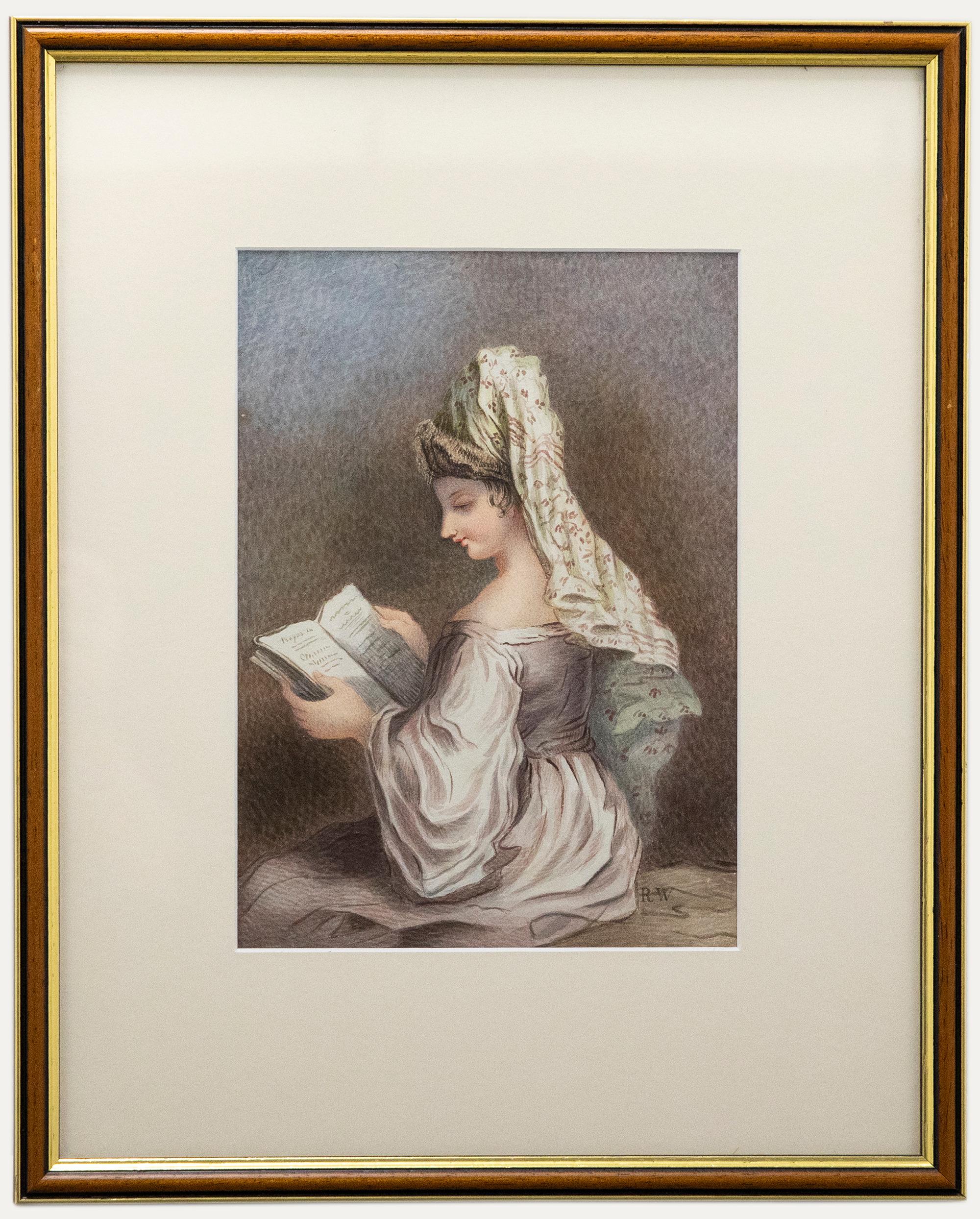 An accomplished watercolour study depicting a women reading a prayer book. The artist captures the woman's elaborate headdress and dress in fine detail. Signed with Westall's monogram to the lower right. Presented in a part gilt frame. On paper.
