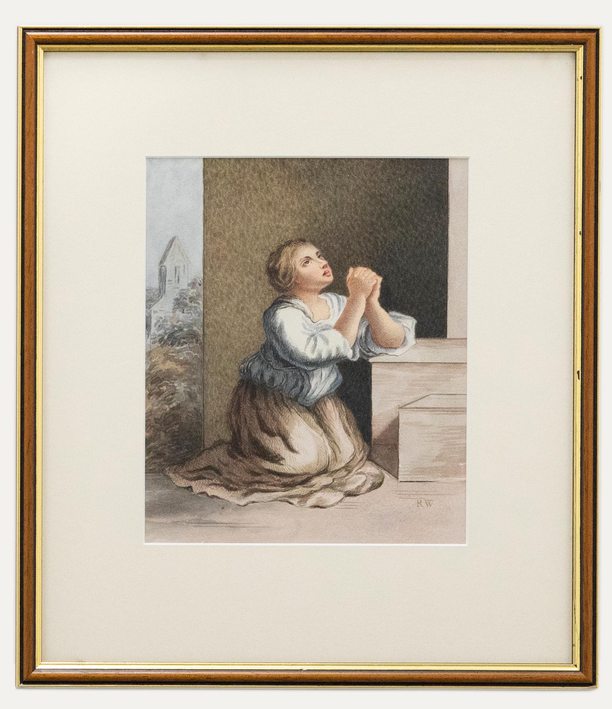 An accomplished watercolour study depicting a woman on her knees in prayer. The piece is signed with Westall's monogram to the lower right. Presented in a part gilt frame. Label verso with artist's name and dates. Acquire with two other watercolours