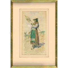 Antique Edouardo Vitali  - Late 19th Century Watercolour, Italian Fisherwoman