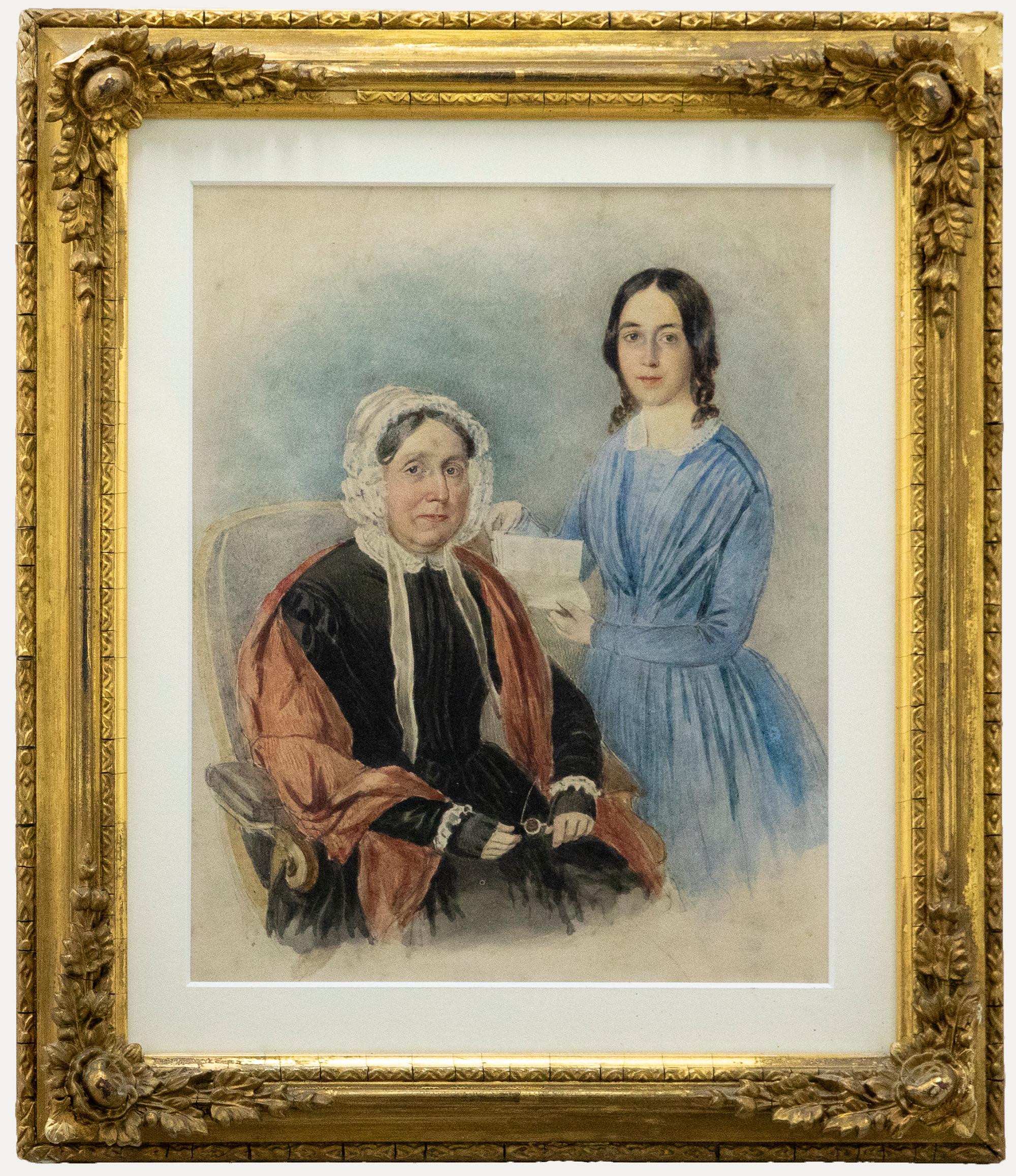 Portrait Unknown - Aquarelle du 19e siècle - Mère et fille