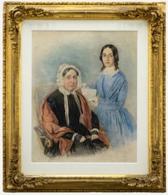 Antique 19th Century Watercolour - Mother and Daughter