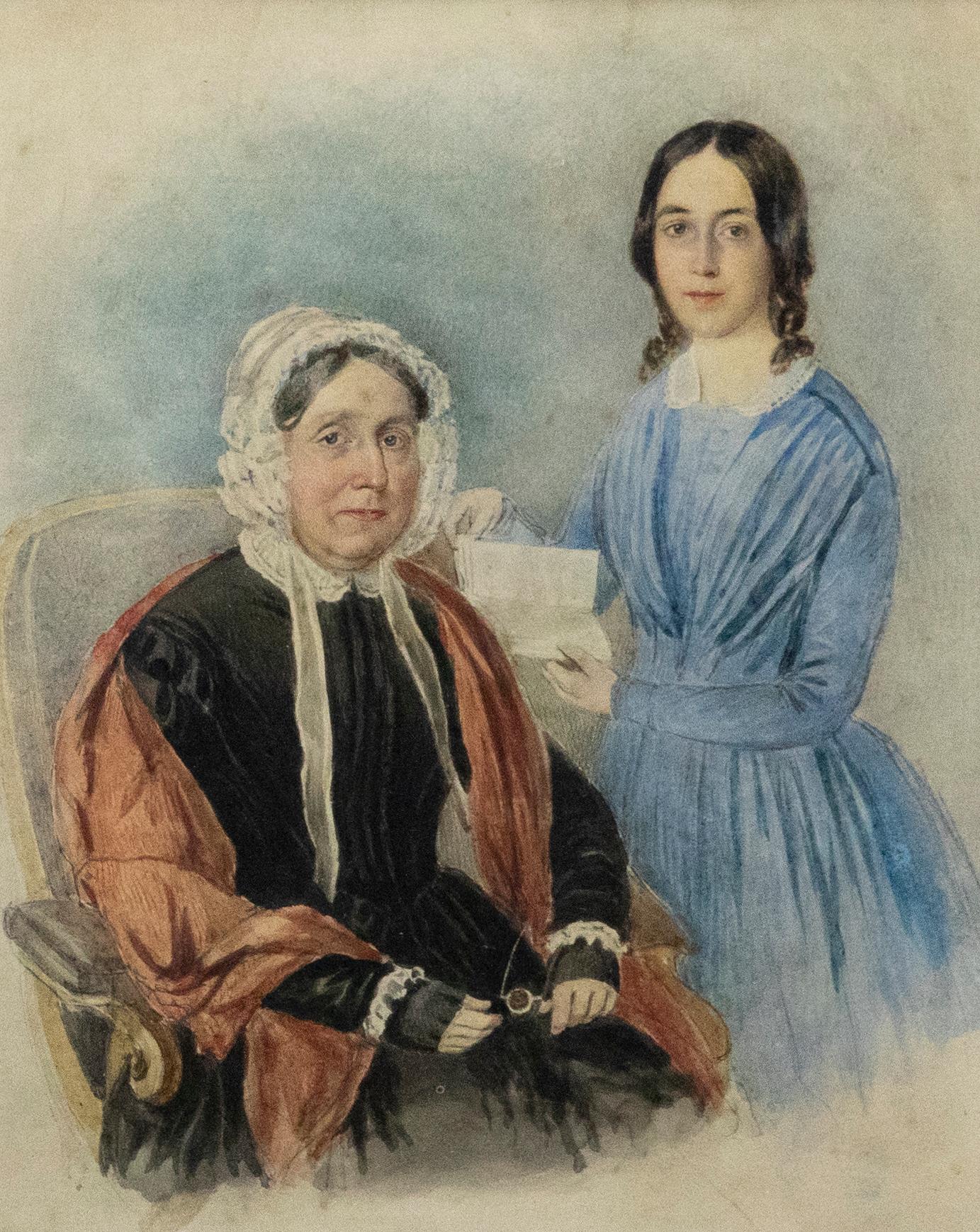 19th Century Watercolour - Mother and Daughter - Art by Unknown