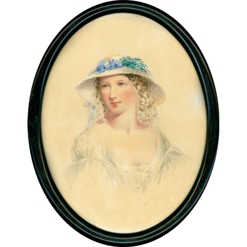 Unknown Portrait – Ada V. Hobson (1831-1911) - 1863 Aquarell, hübsche Frau mit Strohhut, Ada V. Hobson