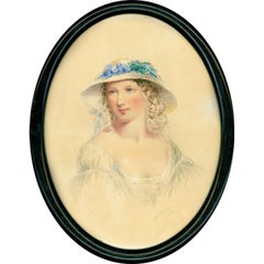 Antique Ada V. Hobson (1831-1911) - 1863 Watercolour, Pretty Woman in a Straw Hat