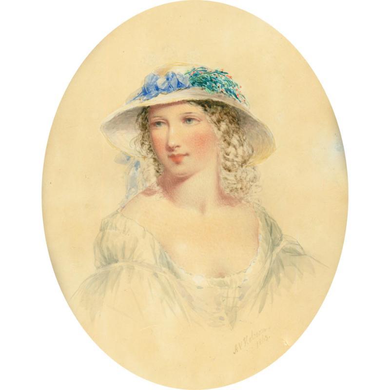 Ada V. Hobson (1831-1911) - 1863 Aquarell, hübsche Frau mit Strohhut, Ada V. Hobson – Art von Unknown
