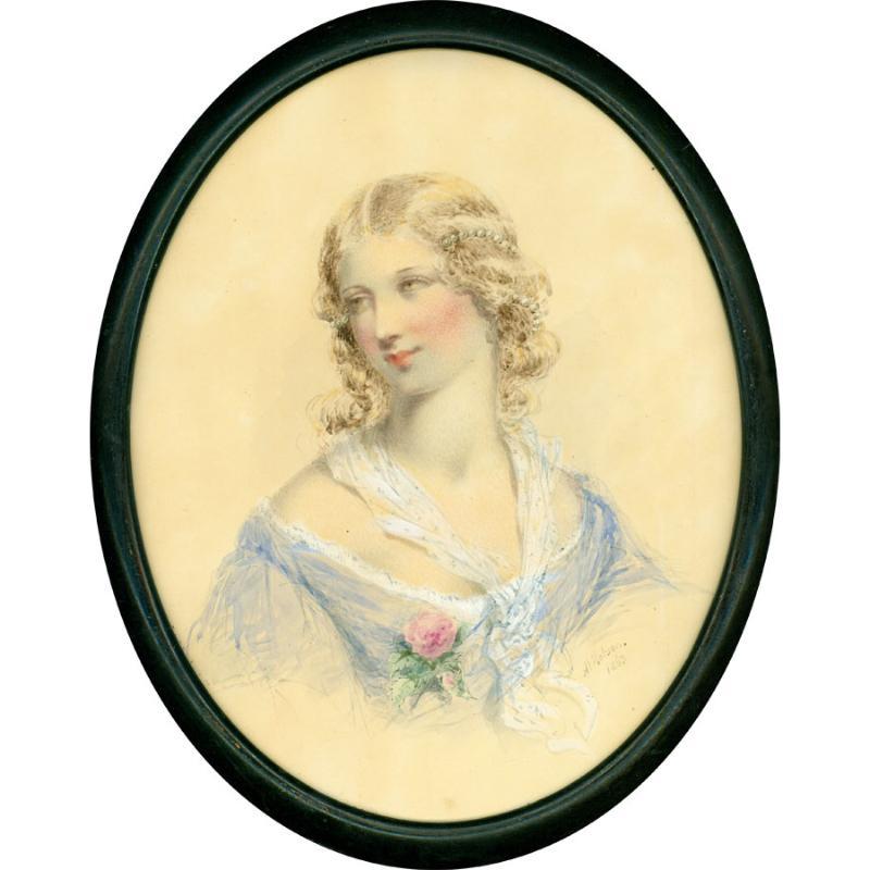 Unknown Portrait – Ada V. Hobson (1831-1911) - 1863 Aquarell, Schwingende Schönheit
