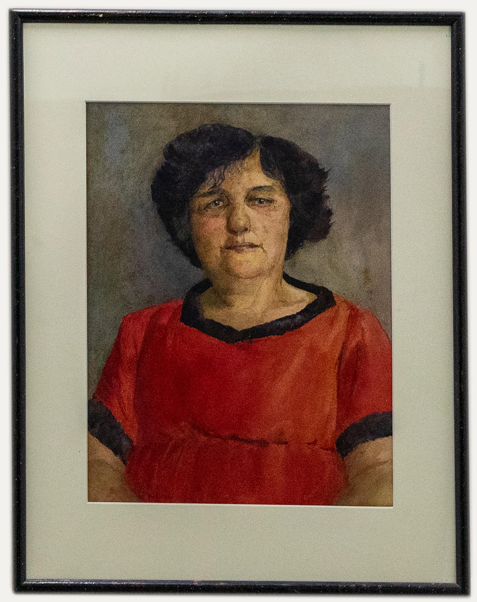 Unknown Portrait – W. Grant - Gerahmtes Aquarell aus der Mitte des 20. Jahrhunderts, Dame in Rot