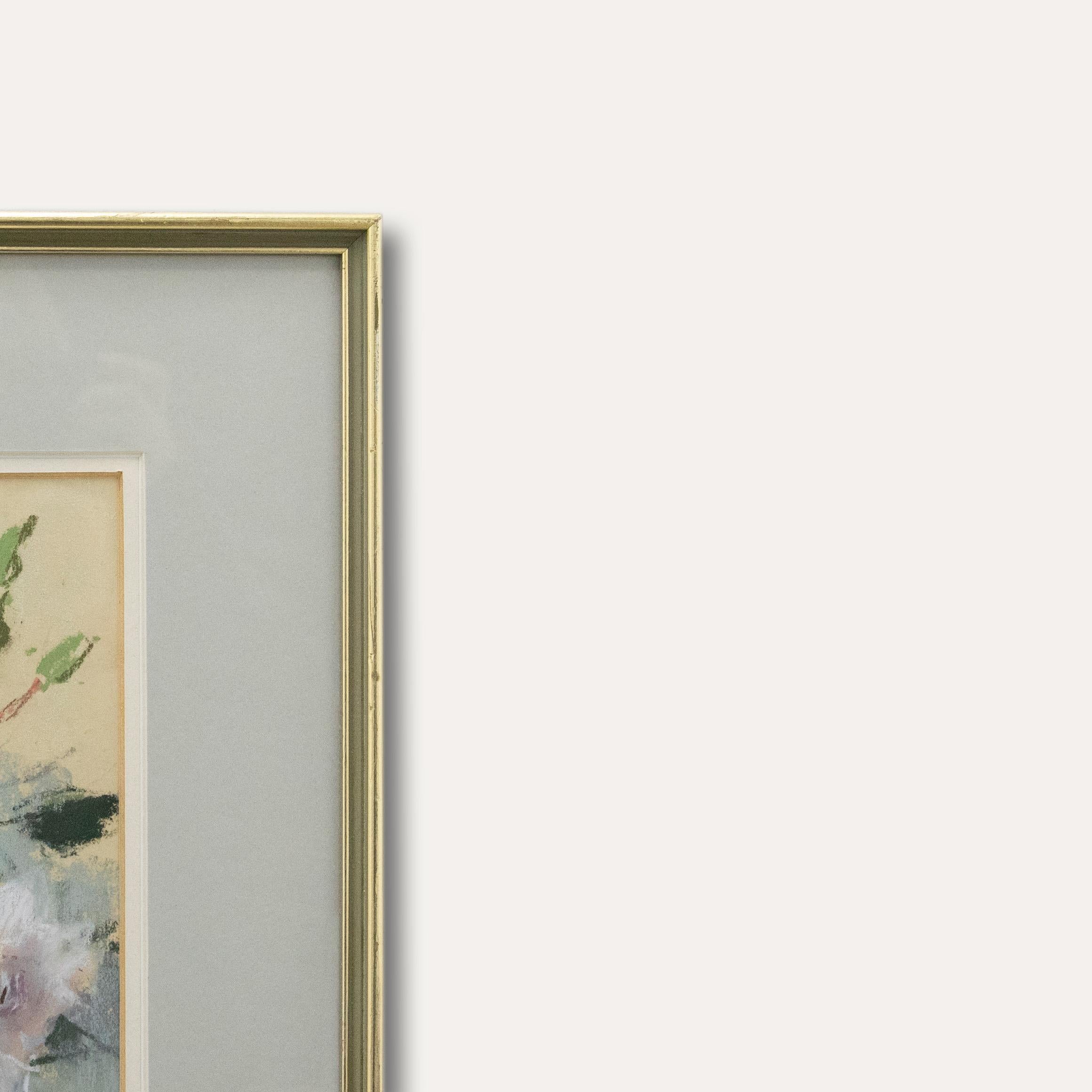 A charming pastel study depicting pink roses in a ceramic pot. Captured in an impressionist style in a muted palette. Signed to the lower right. Presented in a part gilt frame with a double card mount. On paper.
