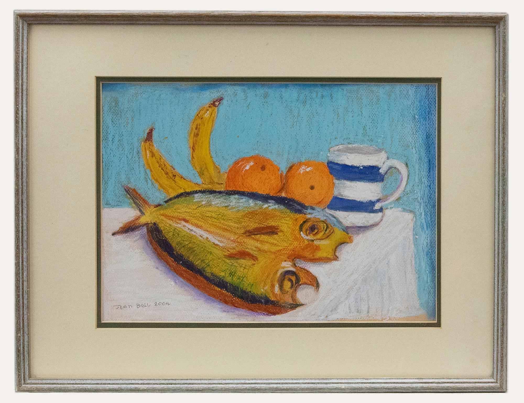 Unknown Still-Life - Joan Bell - 2004 Pastel, Striped Mug and Fish