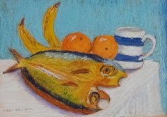 Joan Bell - 2004 Pastel, Striped Mug and Fish