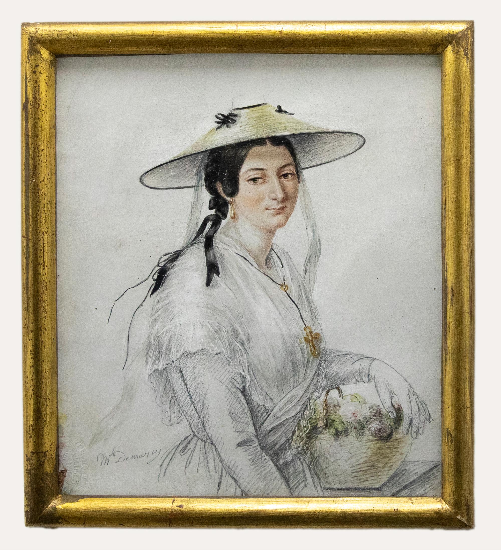 Unknown Portrait – M. Demancy - 1844 Aquarell, Lady mit einem Blumenkorb, Lady with a Flower Basket
