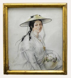 M. Demancy - 1844 Watercolour, Lady with a Flower Basket