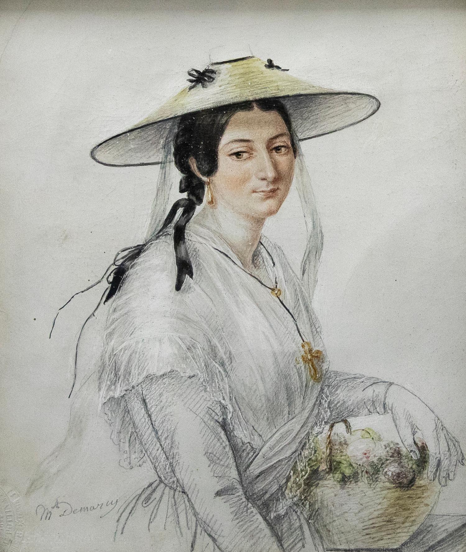 M. Demancy - 1844 Aquarell, Lady mit einem Blumenkorb, Lady with a Flower Basket – Art von Unknown