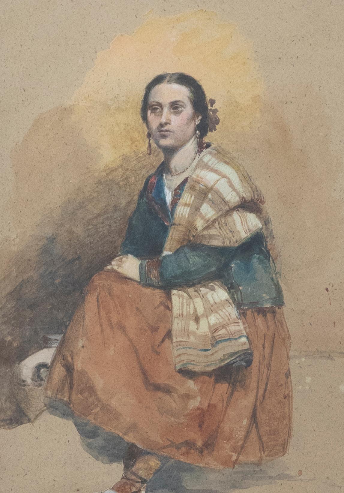 Ein charmantes Porträt in der Art von John Frederick Lewis, das eine spanische Dame auf einem Hocker sitzend zeigt. Der Künstler fängt die Frau in traditioneller Kleidung ein, die aus mehreren Schichten besteht, darunter ein langer orangefarbener