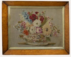 Antique Maple Framed Late 19th Century Needlework - A Basket of Flowers