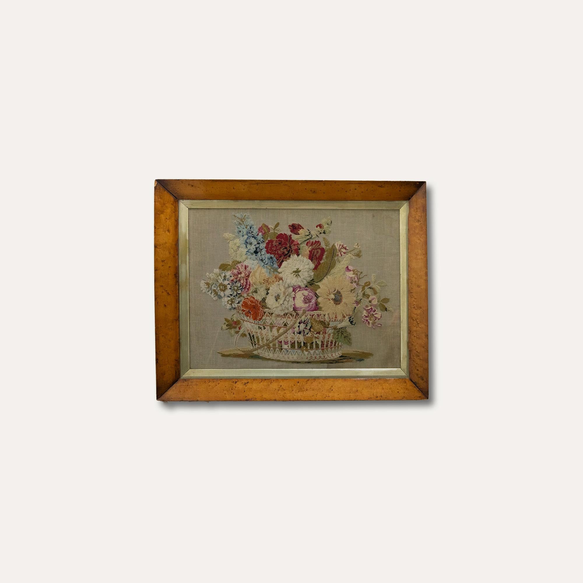 Maple Framed Late 19th Century Needlework - A Basket of Flowers For Sale 2