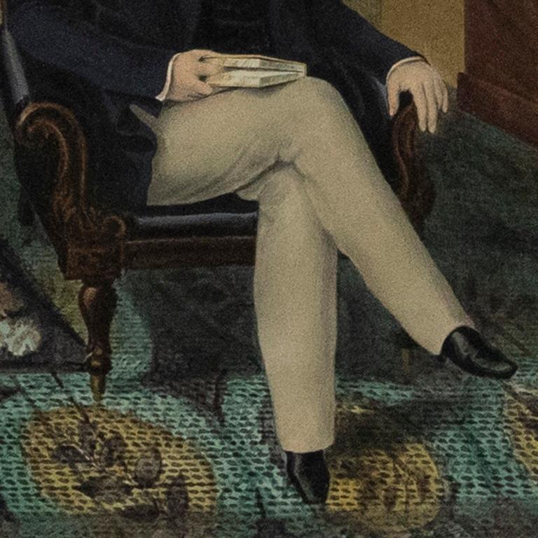 An accomplished watercolour study depicting a smartly dressed gentleman in his library. The poised man sits proudly in a chair with a finger pressed between the pages of his book. As he looks to the window, hisis lower half is basked in gentle