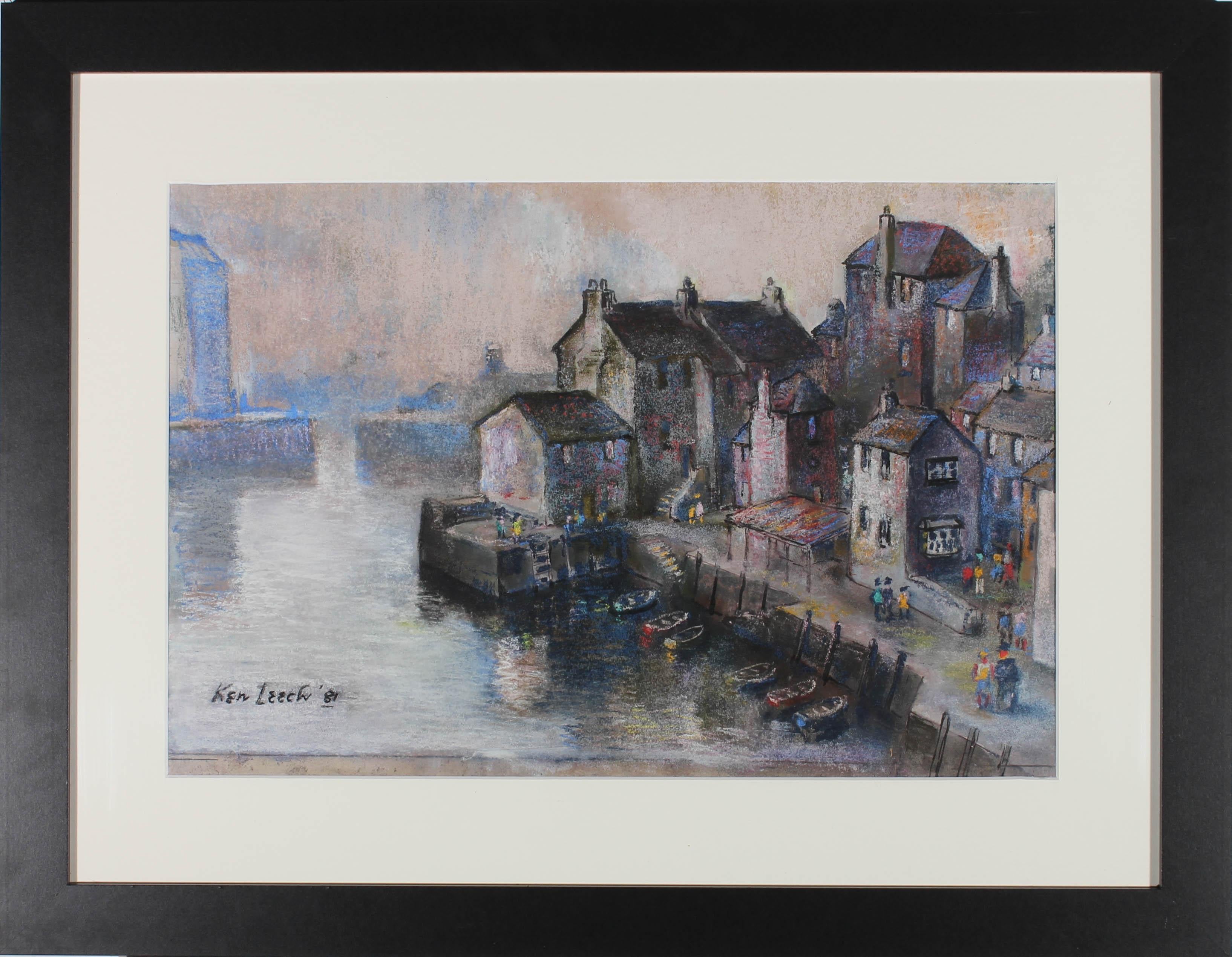 A mesmerising harbour scene in pastels by Ken Leech, full of light and shade. Pops of primary colour suggest figures leisurely walking along the harbour side on a late summer evening. Signed and dated to the lower left corner. The picture is well