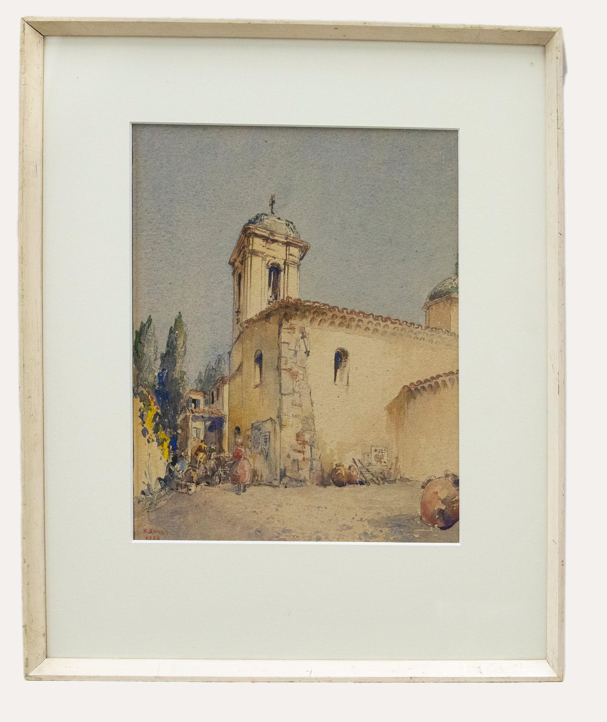 Unknown Landscape Art - Kenneth Anns (1891-1962) - Framed Watercolour, Figures Before a Tower