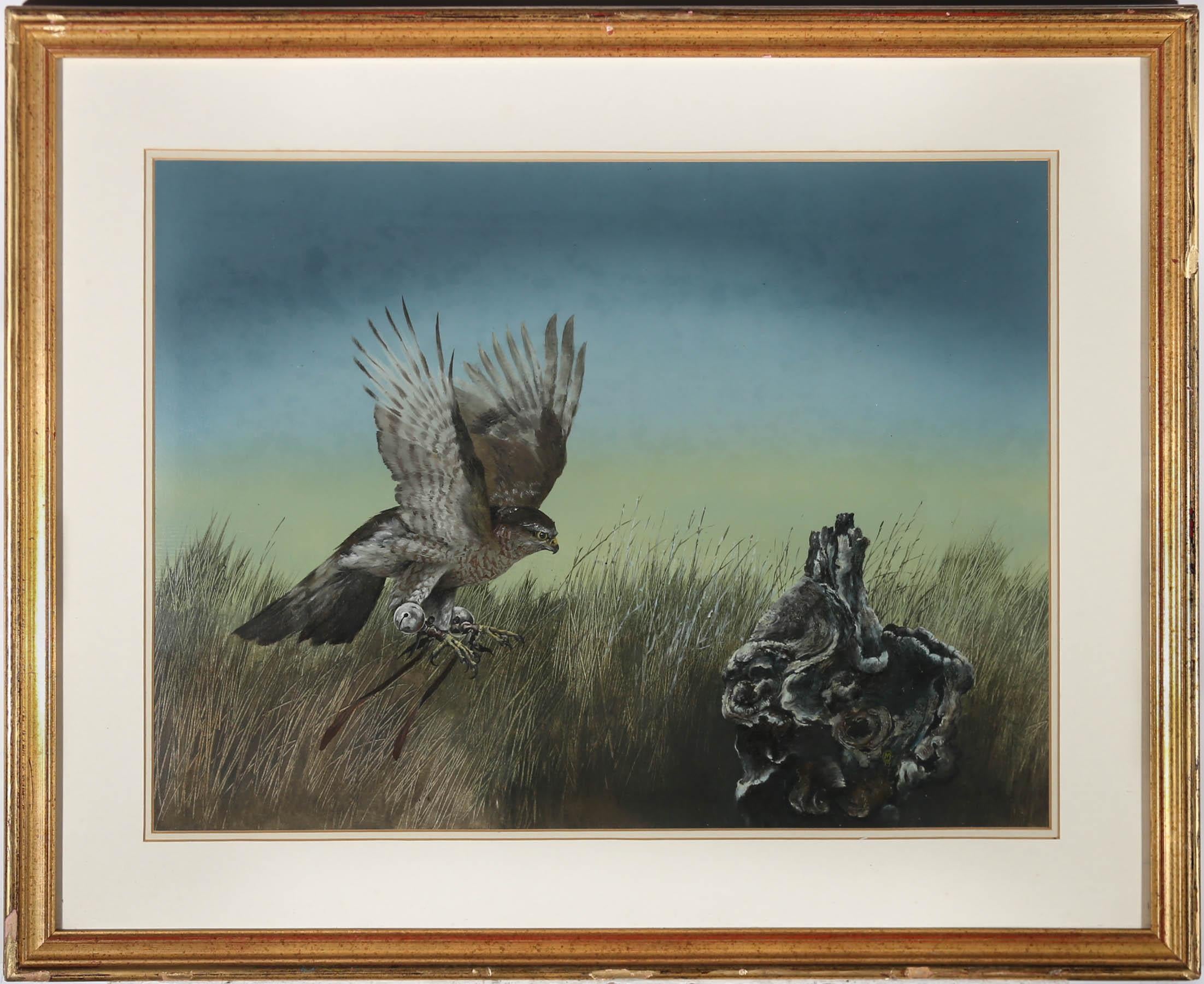 Animal Art Unknown - Martin Knowellden (né en 1943) - Encadré 1979, gouache, paysage d'oiseau de préie