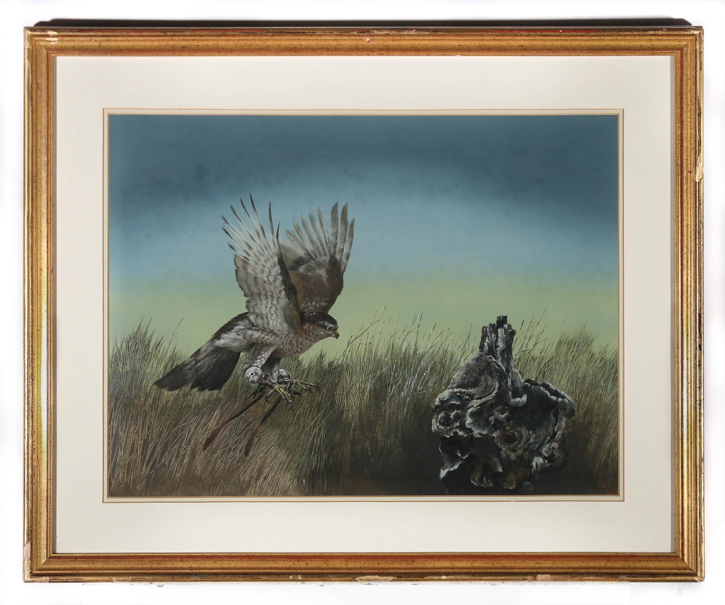 Scène originale à la gouache de l'artiste animalier Martin Lande, représentant un oiseau de proie se posant dans un paysage couvert. Signé avec le monogramme de l'artiste en bas à droite. Bien présenté dans un beau cadre doré. Sur le papier.