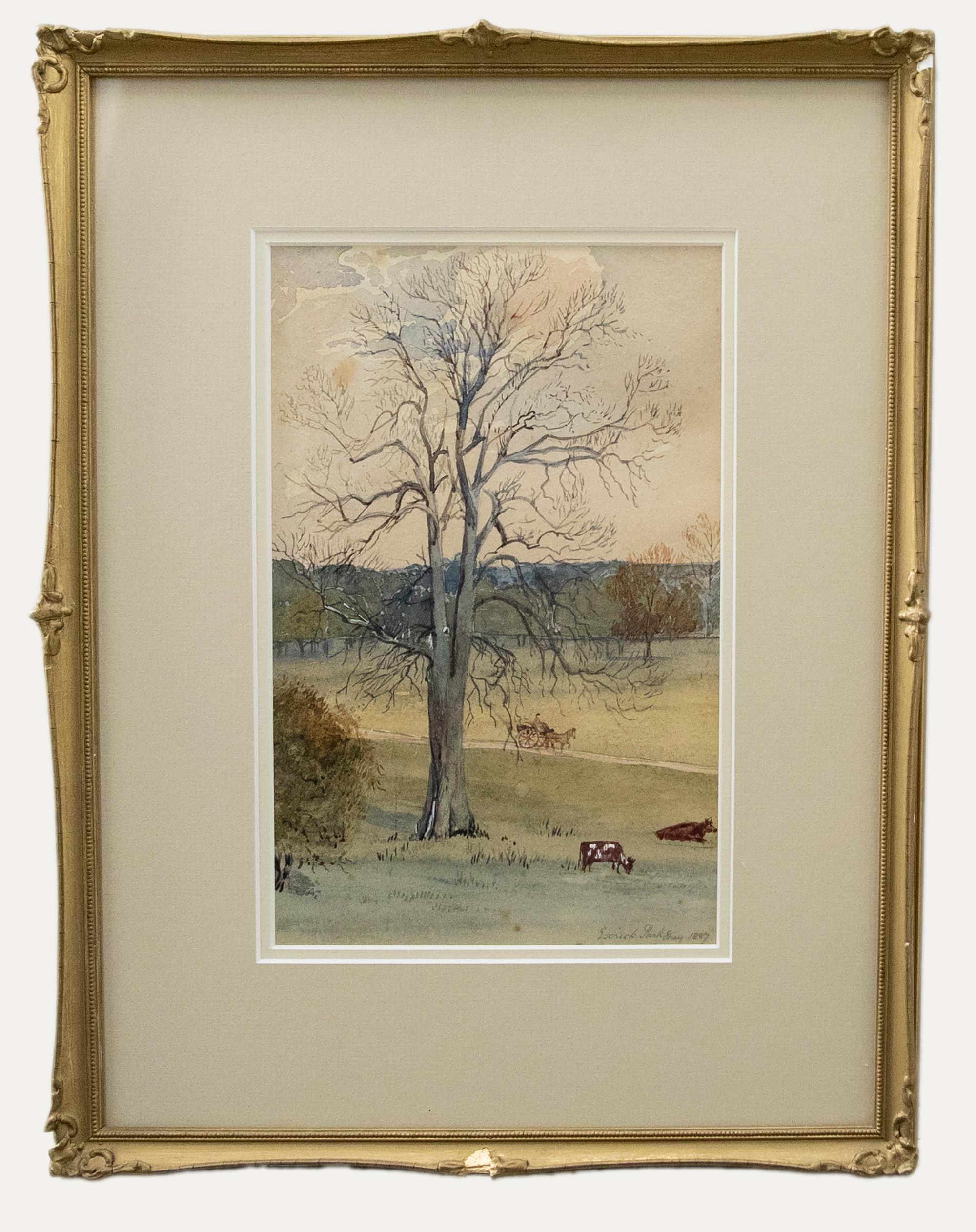 Unknown Landscape Art – Gerahmtes Aquarell des späten 19. Jahrhunderts – Escrick Park