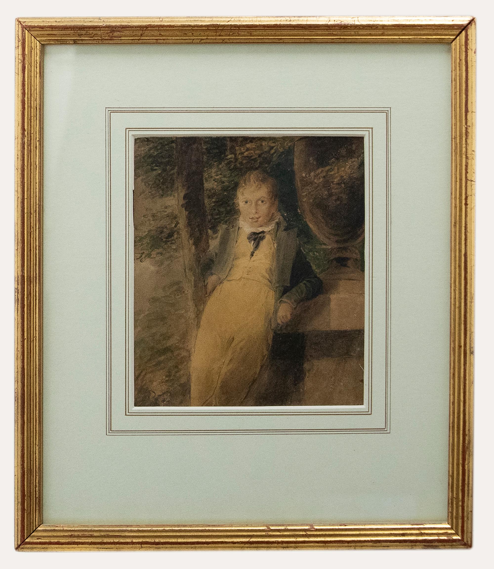 Unknown Portrait – English School frühes 19. Jahrhundert Aquarell - Junge lehnt gegen Urne